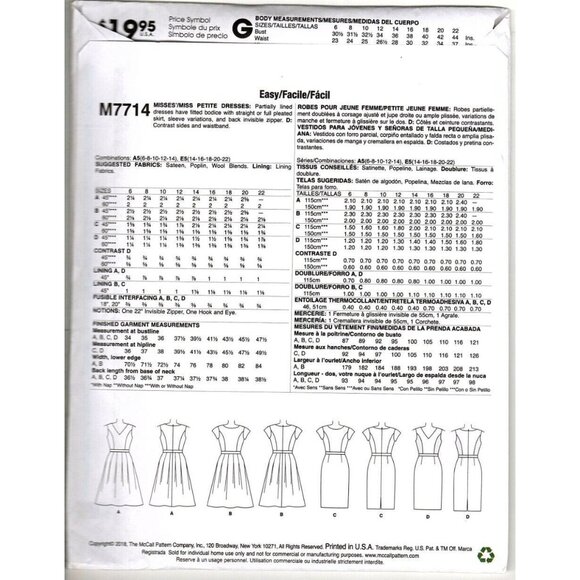 McCall's M7714 Misses and Petite 14 to 22 Fitted Dresses Uncut Sewing Pattern - Picture 2 of 2